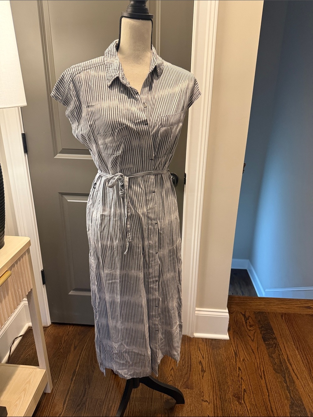 Kavu White & Grey Striped Midi Shirt Dress with Tie Waist